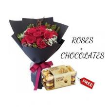 Valentines 12 Red Roses Bouquet with FREE Chocolate box Valentines 12 Red Roses Bouquet with FREE Chocolate box